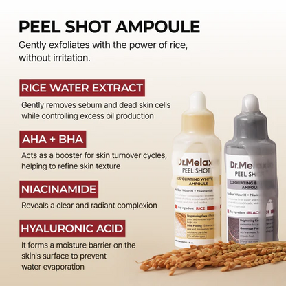 Dr.Melaxin body & face peelshot duo glow black ricepeeling ampoule kojic acid &turmeric spray